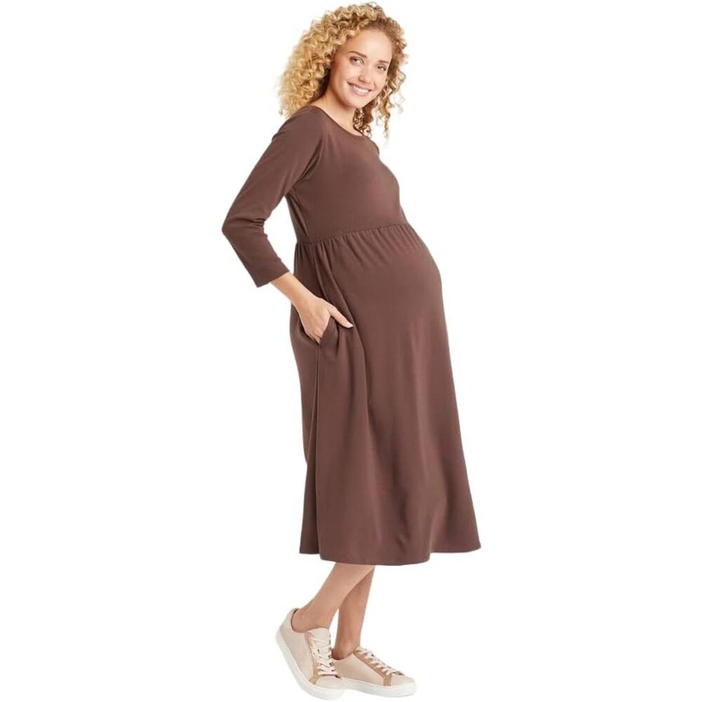 NEW NWT Dark Brown Sz XS Maternity Stretchy Midi Dress Side Pockets ISABEL